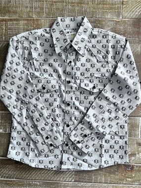 Boys Western Button-Down Shirt with Black Bull Skull Print